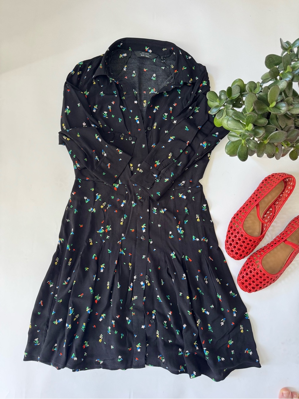 & Other Stories Black Floral Long-Sleeve Shirt Dress